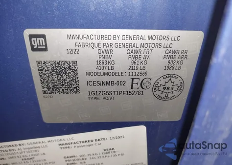 2023 Chevrolet Malibu Rs из США, поврежденный, VIN 1G1ZG5ST1PF152781